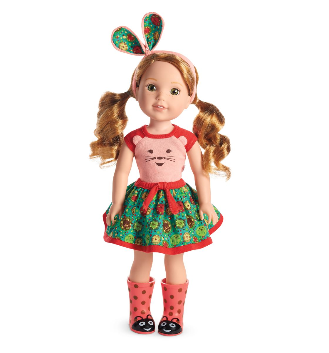 plastic doll with textile clothing, hair of a white girl in pink and green outfit