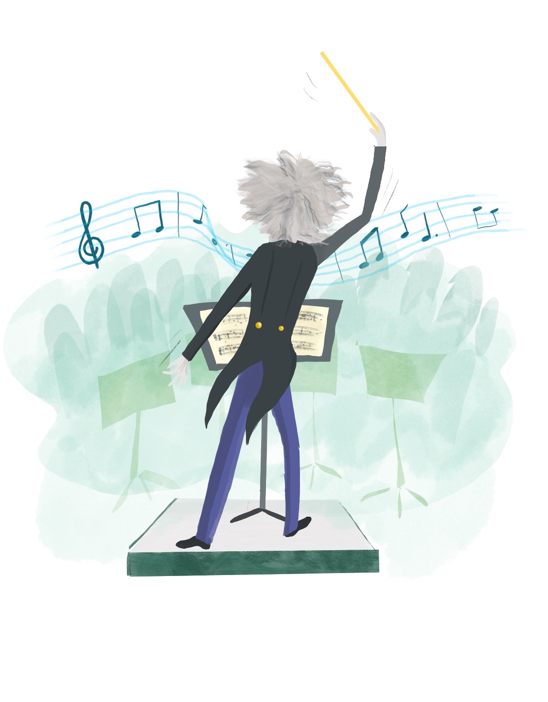 the back of an illustrated orchestra conductor