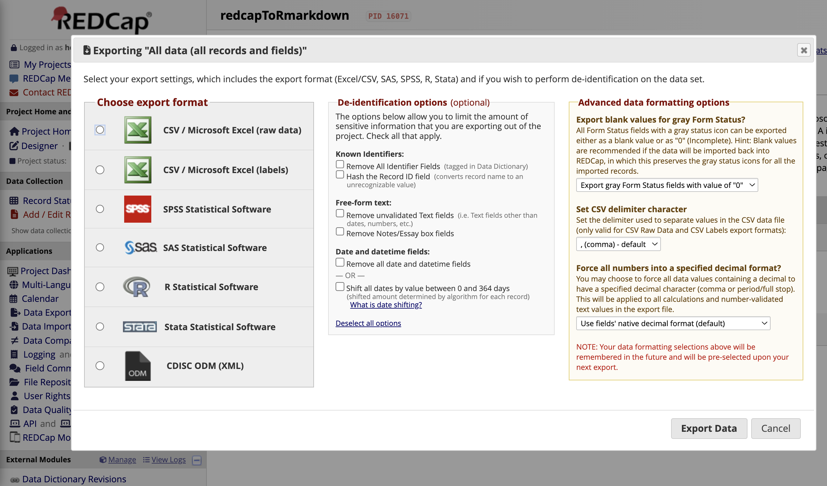 Screenshot of user interface with more than 15 options for exporting data